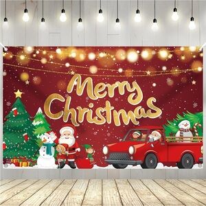 Merry Christmas background,4 ft.x 6ft. Santa,elves,showmen,red,gold,green